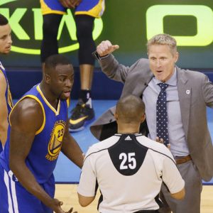 Draymond Green and Steve Kerr tell official Tony Brothers that it was all a terrible misunderstanding. Credit: Associated Press