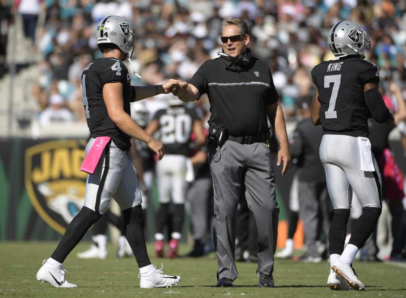 Coach Jack Del Rio wants a fist bump, but the Raiders have yet to beat a good team in 2016. (Photo credit: Associated Press)